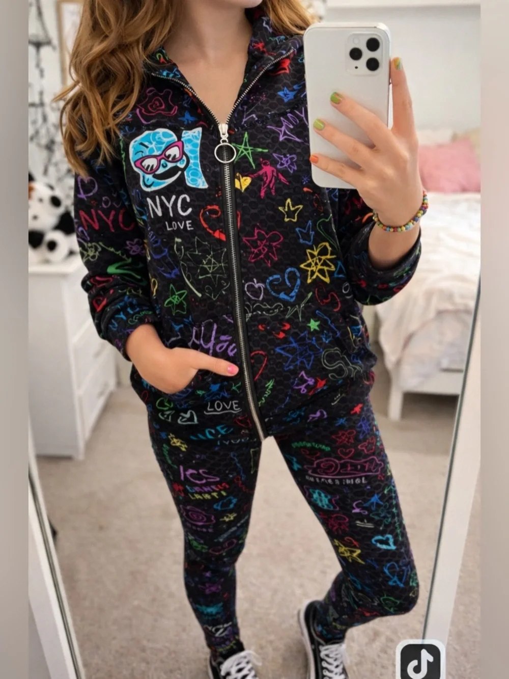 312 NYC Y2K Graphic Tracksuit Set Hoodie Leggings Bubble Textured Stretch Retro